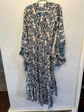 Boho Floral Wrap Dress in Teal and Cream. Karma Nepal Craft